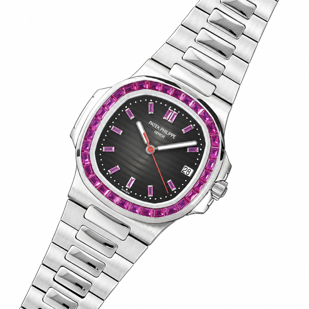 Patek Philippe Nautilus Steel Pink Sapphire Baguette Bezel Black Dial 40mm