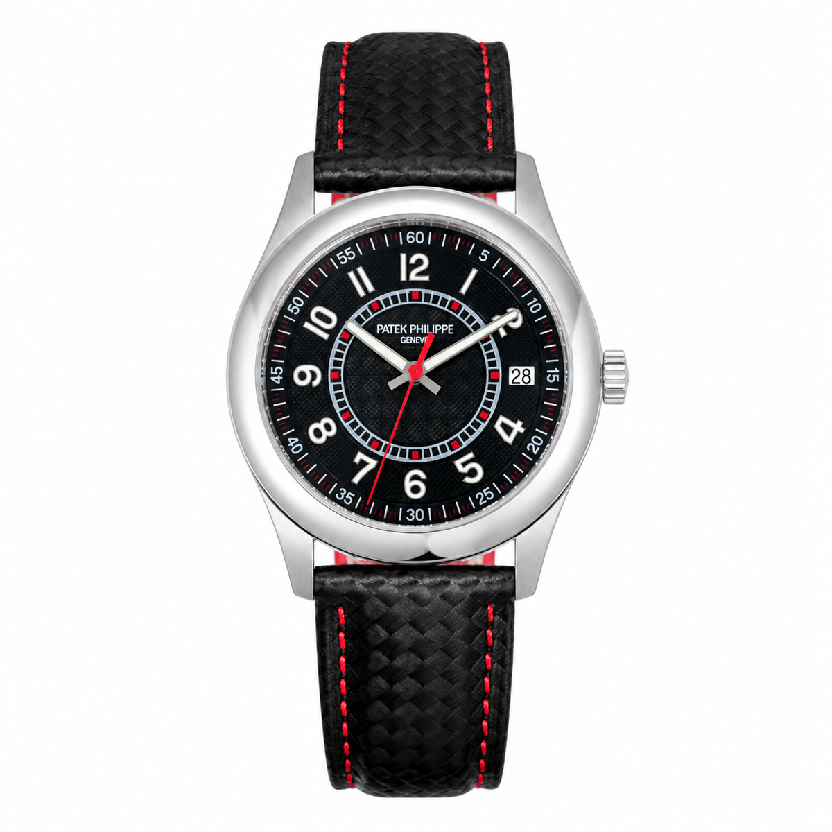 Patek Philippe Calatrava Date 40mm Steel Black Dial Red Accent Rubber Strap