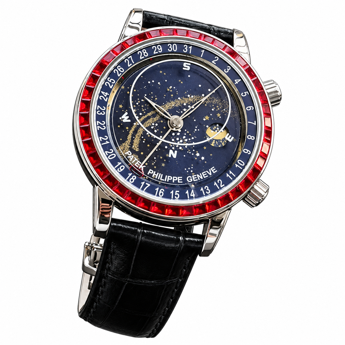 Patek Philippe White Gold Sky Moon Celestial Ruby Bezel Blue Dial