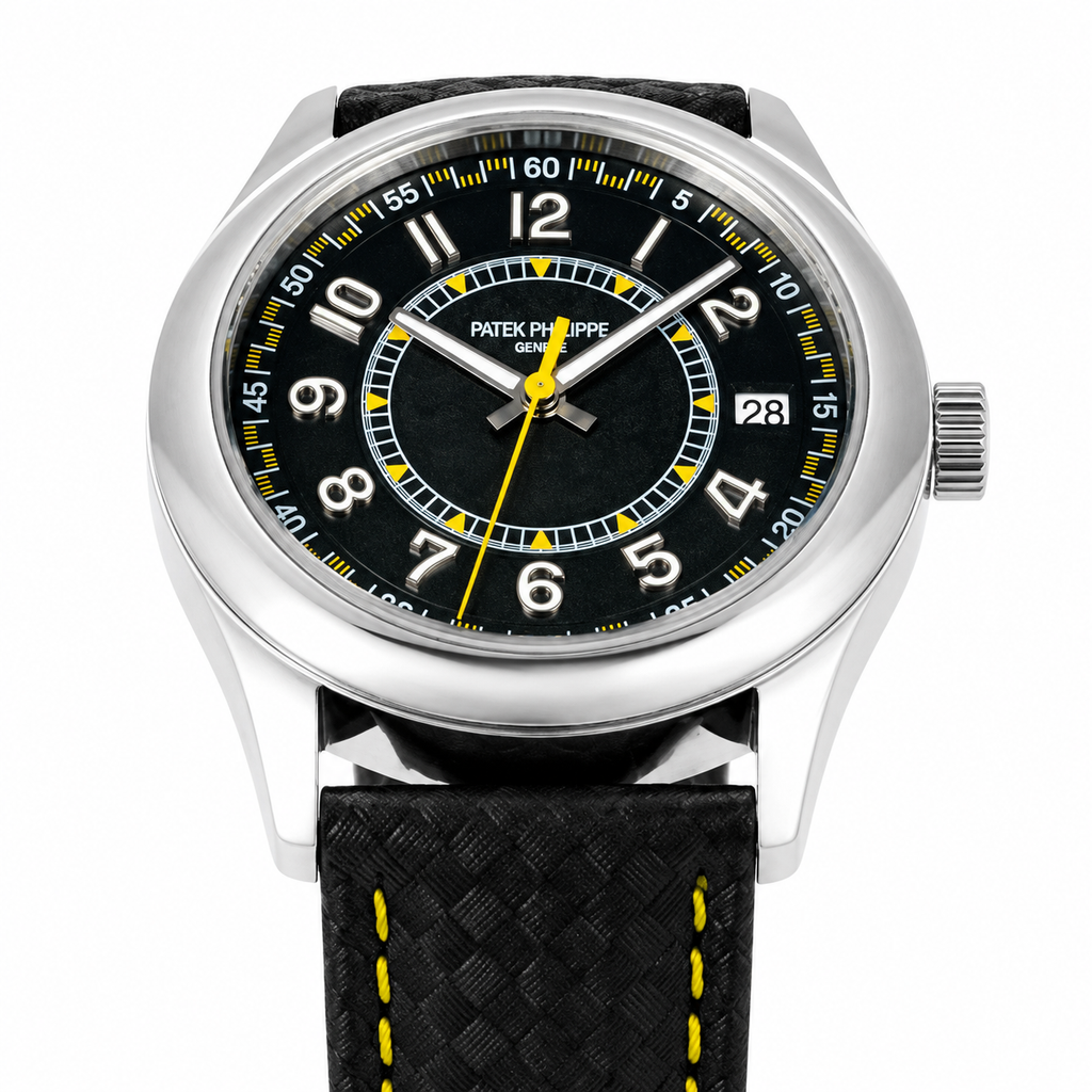 Patek Philippe Calatrava Date 40mm Steel Black Dial Yellow Accent Rubber Strap