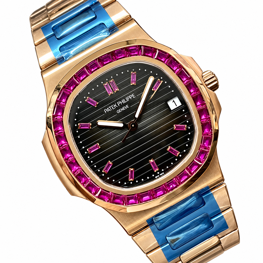 Patek Philippe Nautilus Rose Gold Ruby Bezel Black Dial Blue Ceramic Bracelet 40mm