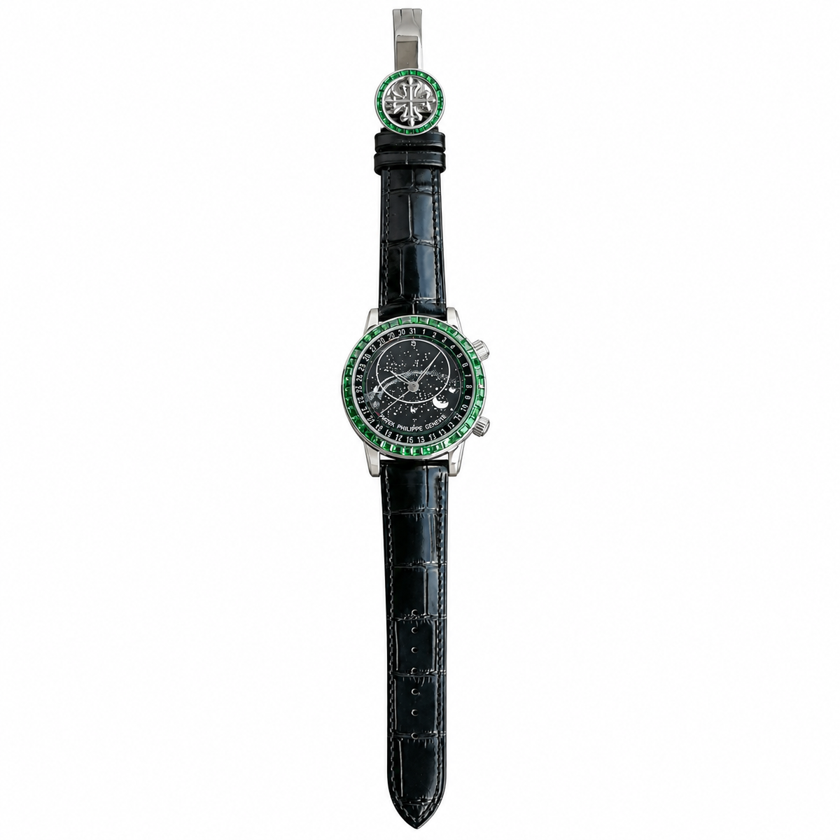 Patek Philippe White Gold Sky Moon Celestial Emerald Bezel Black Dial