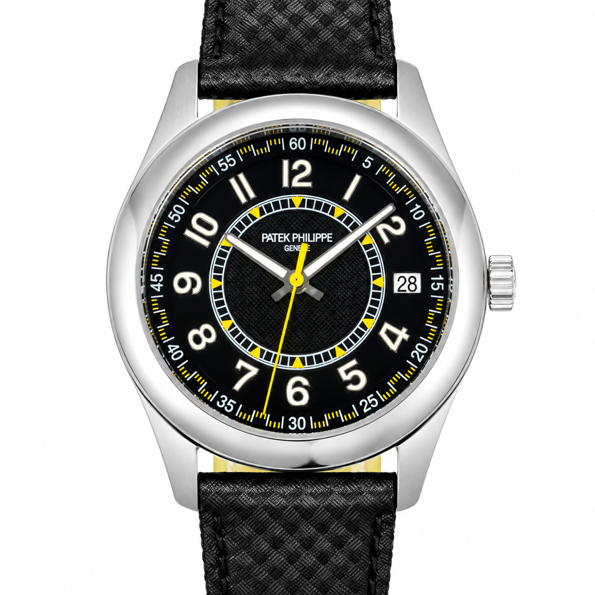 Patek Philippe Calatrava Date 40mm Steel Black Dial Yellow Accent Rubber Strap