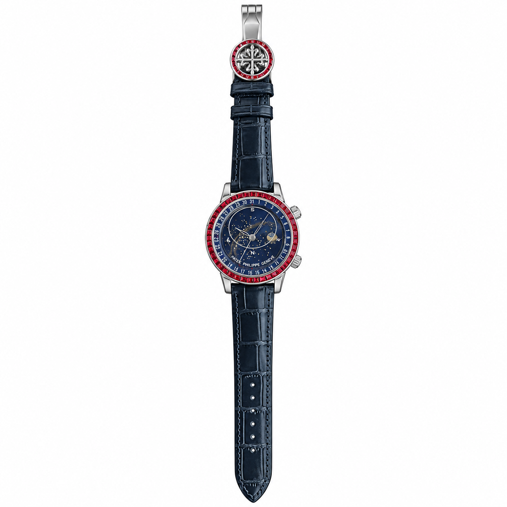 Patek Philippe White Gold Sky Moon Celestial Ruby Bezel Blue Dial