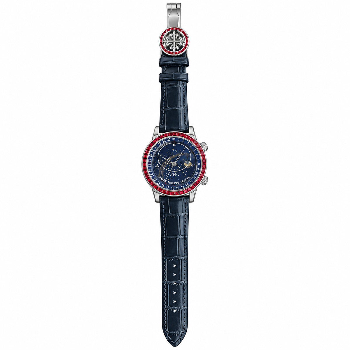 Patek Philippe White Gold Sky Moon Celestial Ruby Bezel Blue Dial