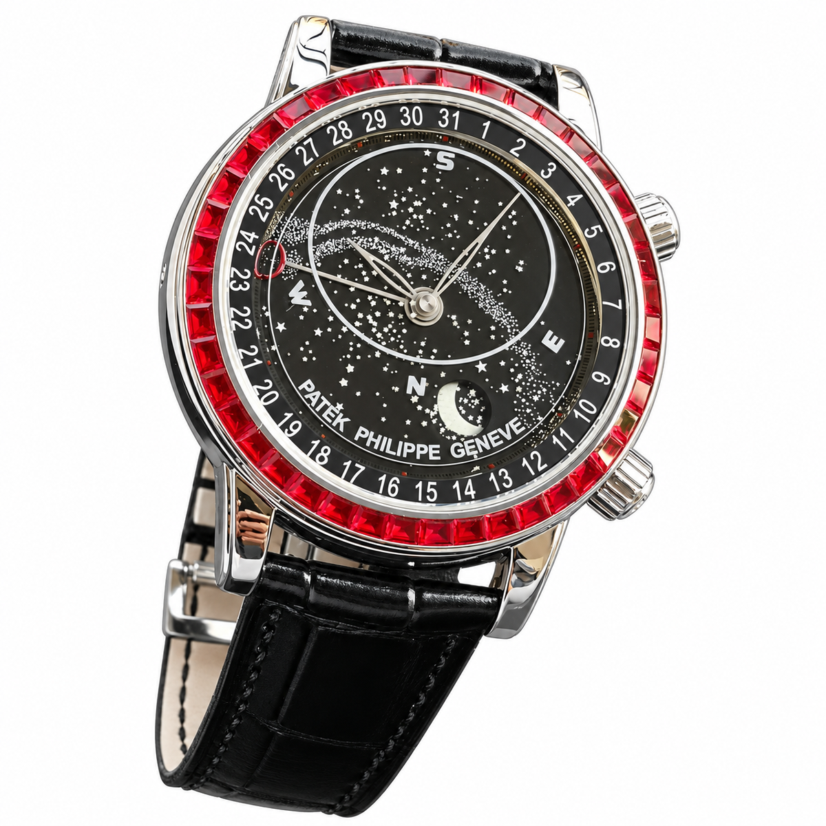 Patek Philippe White Gold Sky Moon Celestial Ruby Bezel Black Dial