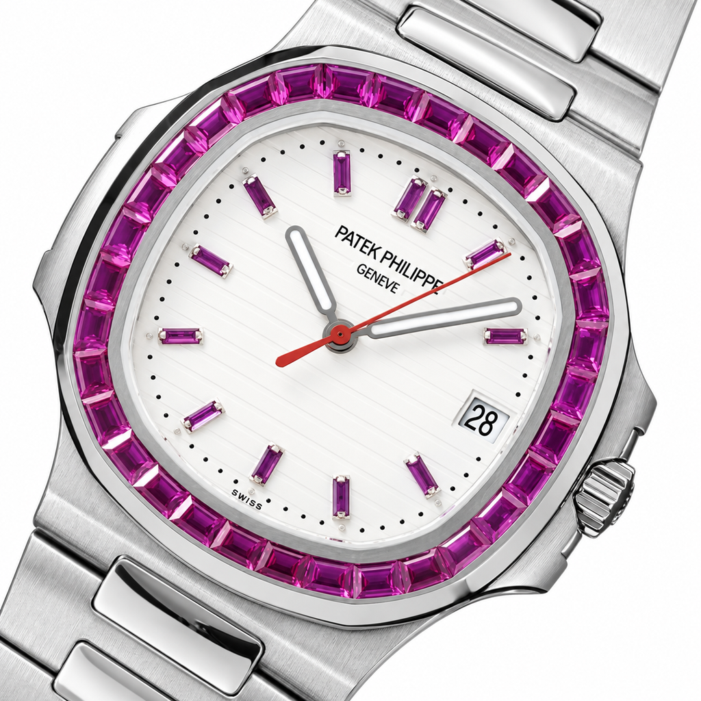 Patek Philippe Nautilus Steel Pink Sapphire Baguette Bezel White MOP Dial 40mm