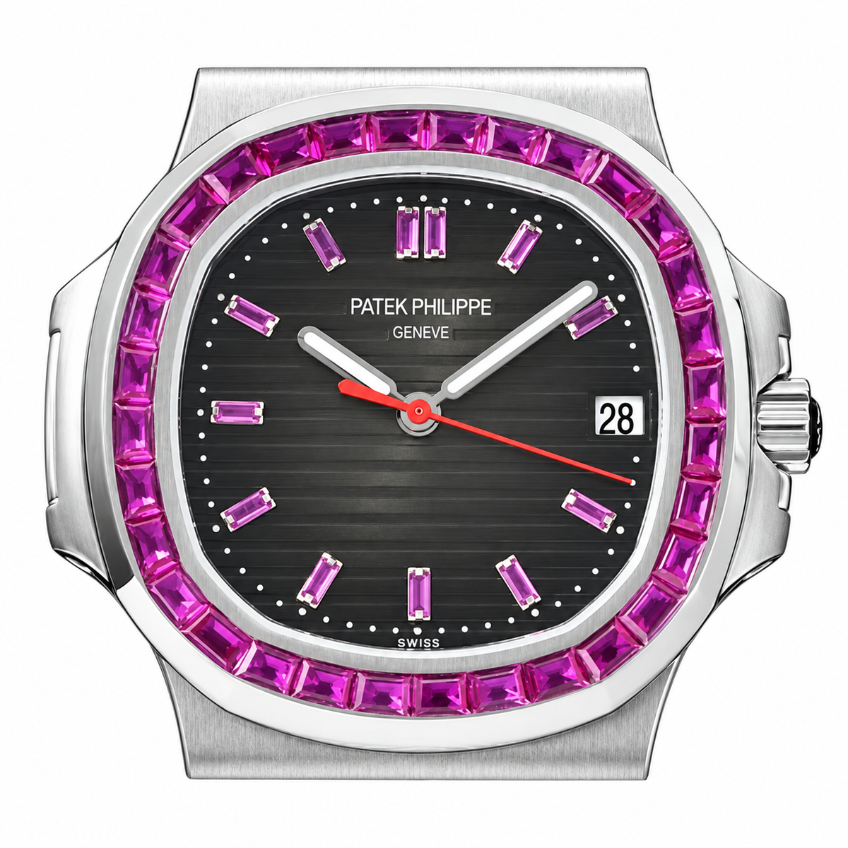 Patek Philippe Nautilus Steel Pink Sapphire Baguette Bezel Black Dial 40mm