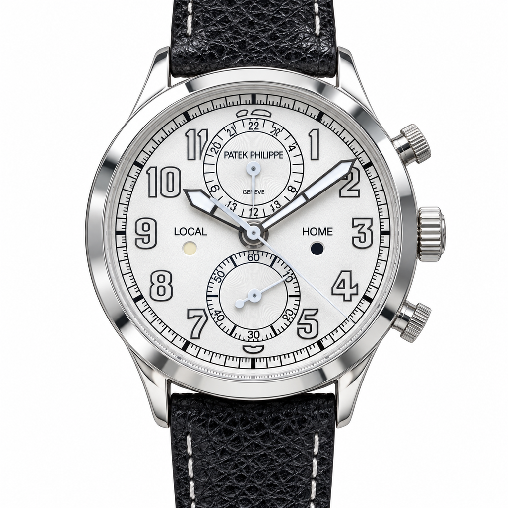 Patek Philippe Calatrava Pilot Travel Time 42mm Steel White Dial Slide Rule Bezel Dual Time Zone