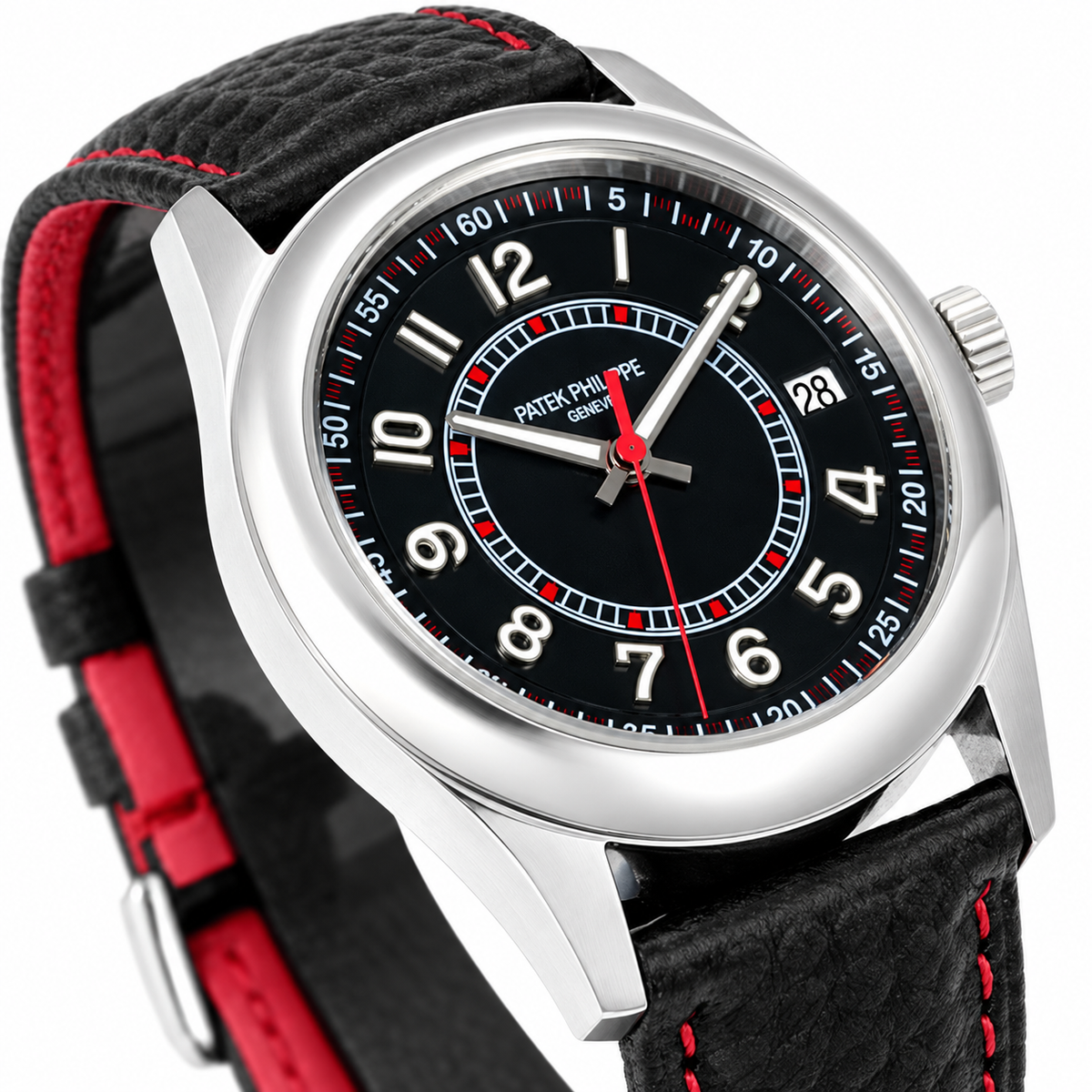 Patek Philippe Calatrava Date 40mm Steel Black Dial Red Accent Rubber Strap