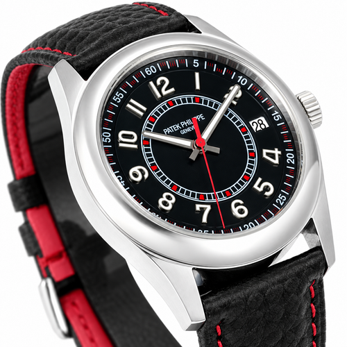 Patek Philippe Calatrava Date 40mm Steel Black Dial Red Accent Rubber Strap