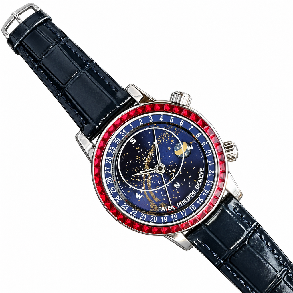 Patek Philippe White Gold Sky Moon Celestial Ruby Bezel Blue Dial
