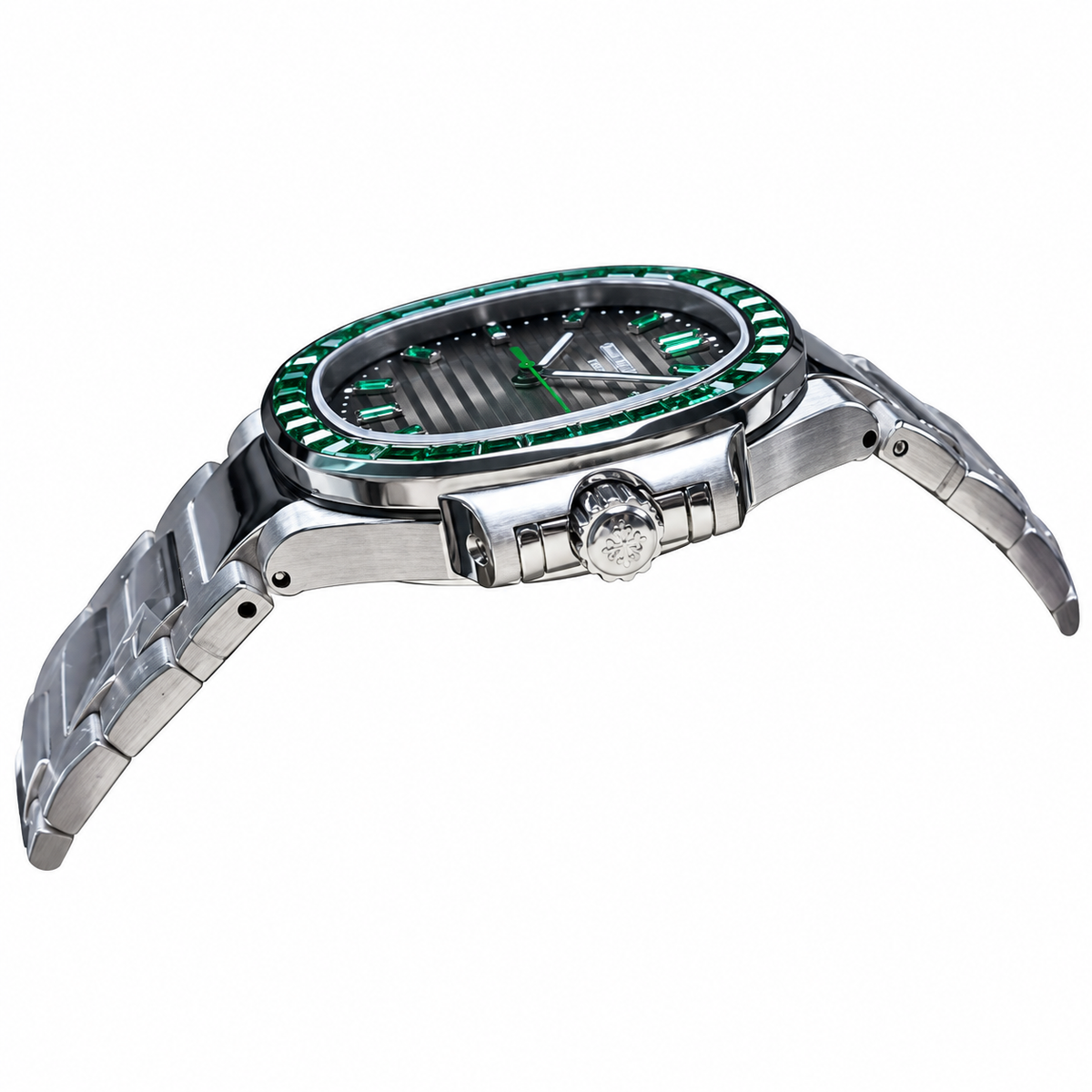 Patek Philippe Nautilus Steel Emerald Baguette Bezel Grey Dial 35mm