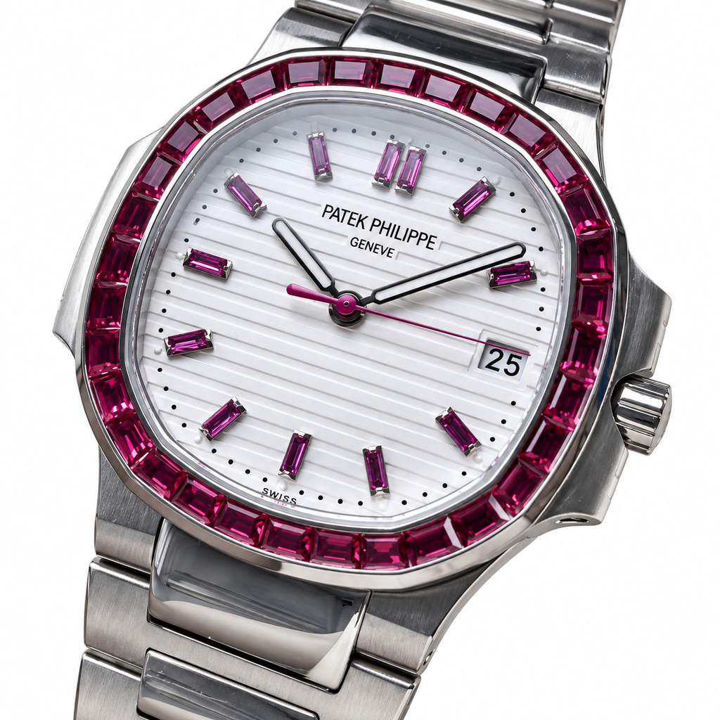 Patek Philippe Nautilus Steel Ruby Baguette Bezel White Dial 35mm