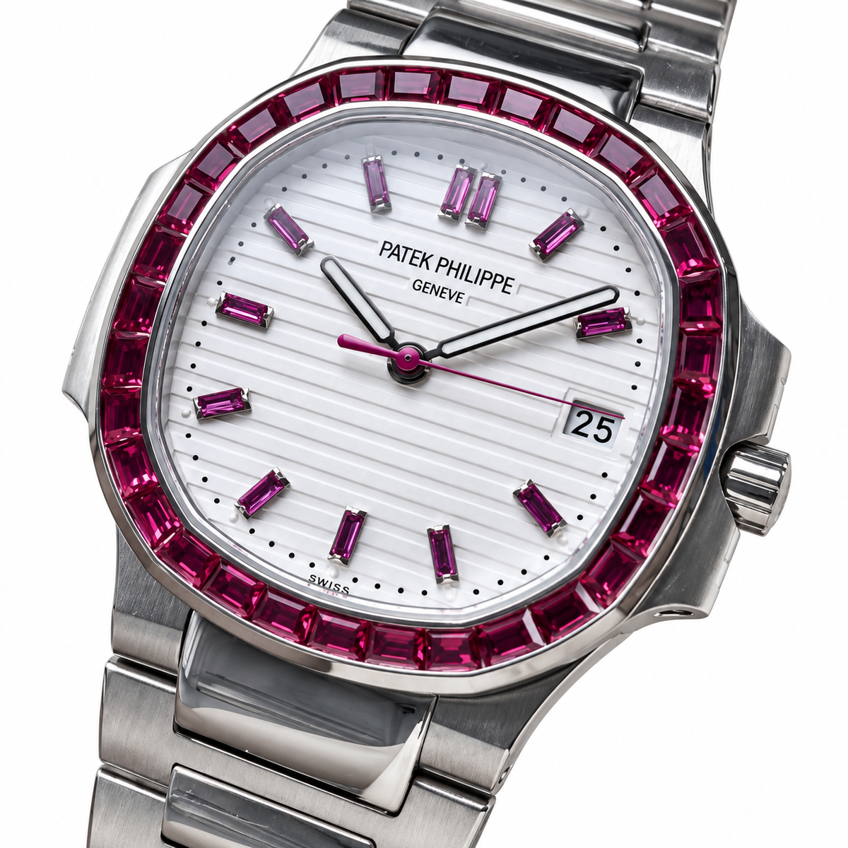 Patek Philippe Nautilus Steel Ruby Baguette Bezel White Dial 35mm