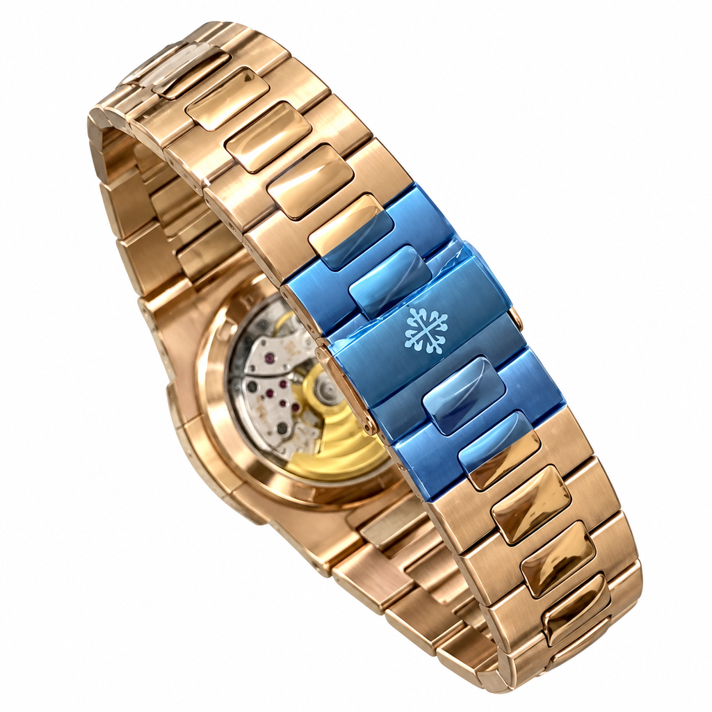 Patek Philippe Nautilus Rose Gold Ruby Bezel Black Dial Blue Ceramic Bracelet 40mm