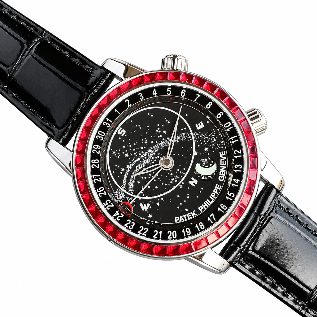 Patek Philippe White Gold Sky Moon Celestial Ruby Bezel Black Dial