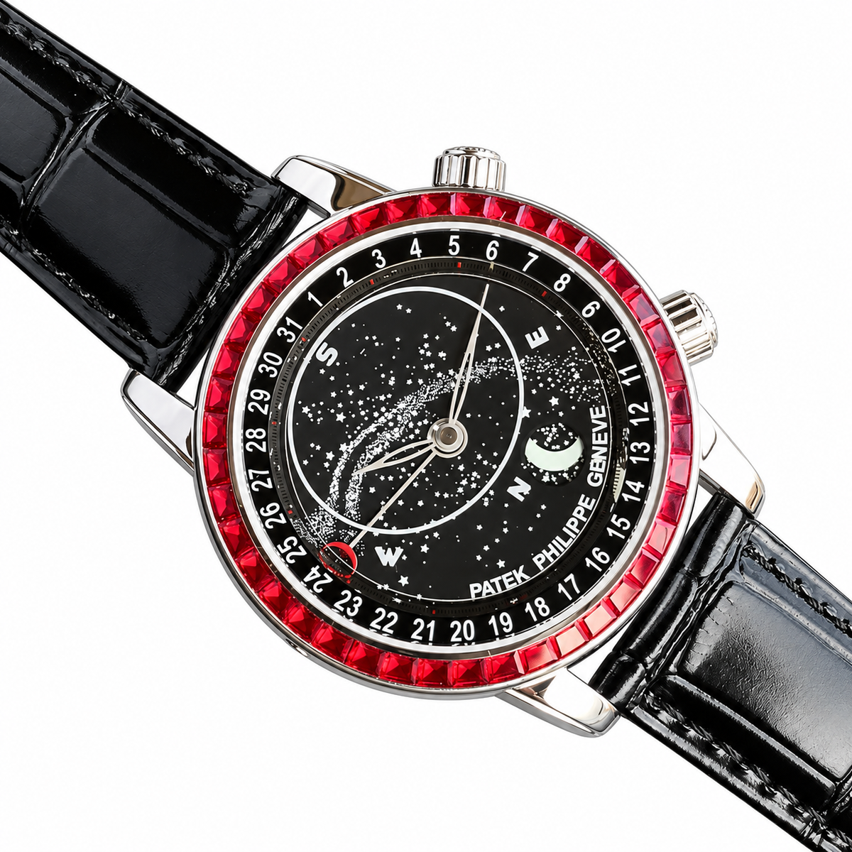 Patek Philippe White Gold Sky Moon Celestial Ruby Bezel Black Dial