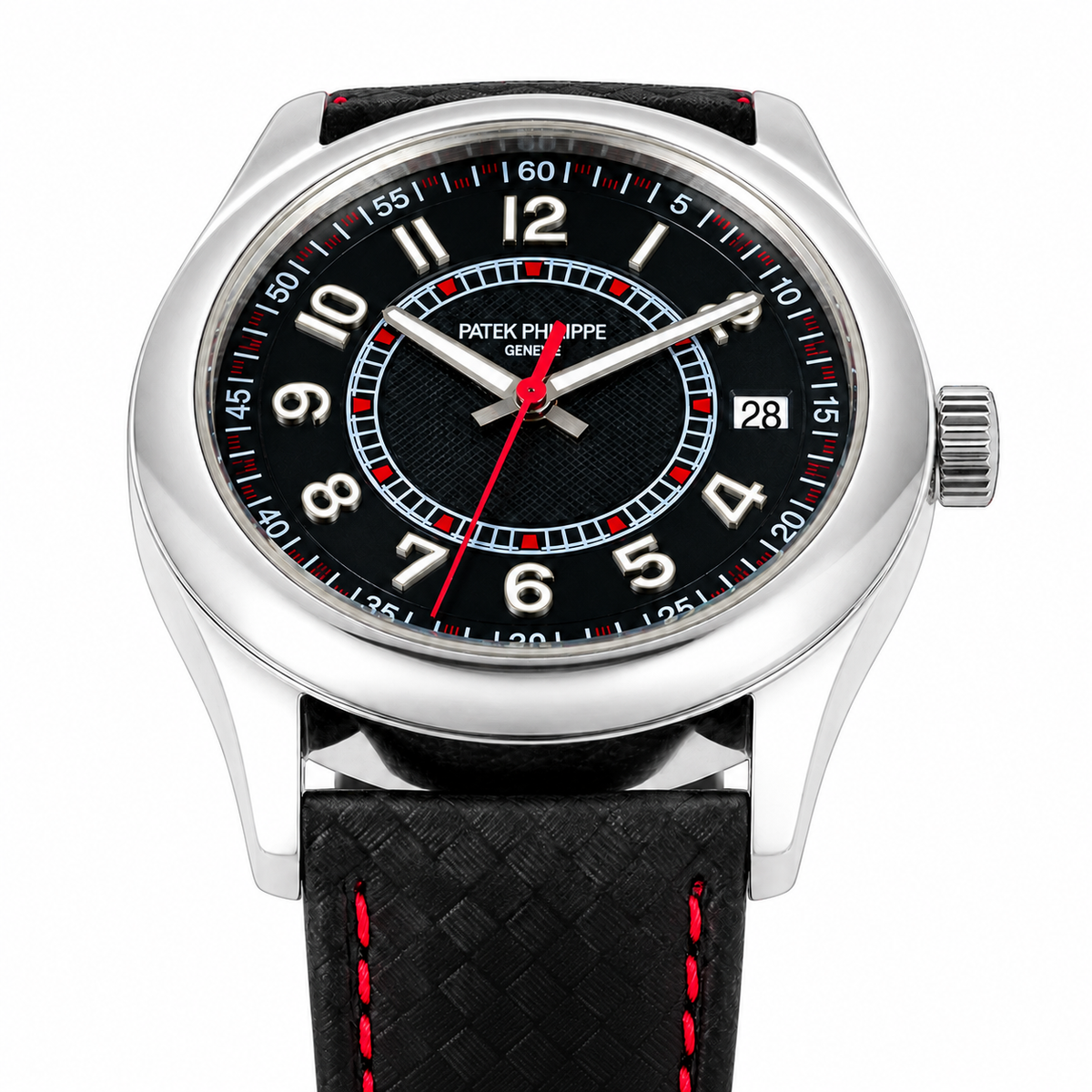 Patek Philippe Calatrava Date 40mm Steel Black Dial Red Accent Rubber Strap