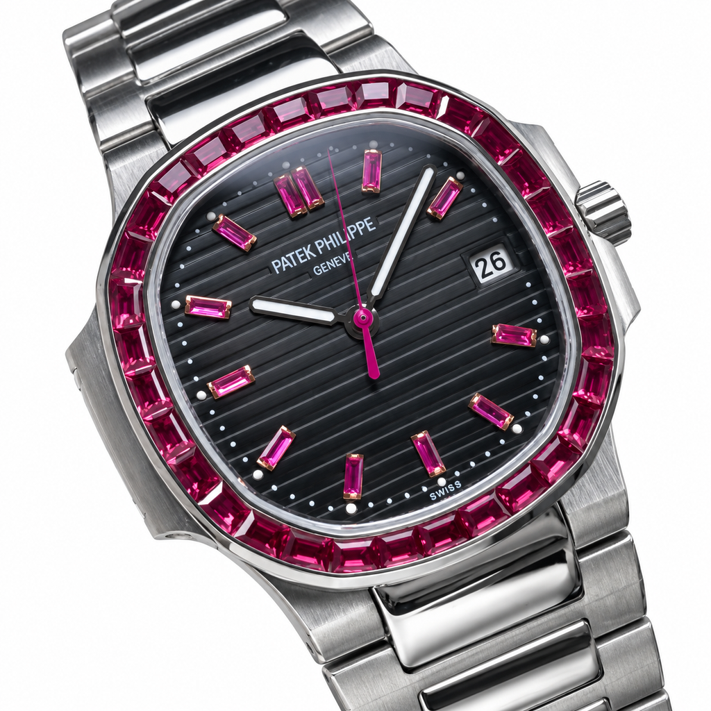 Patek Philippe Nautilus Steel Ruby Baguette Bezel Black Dial 35mm