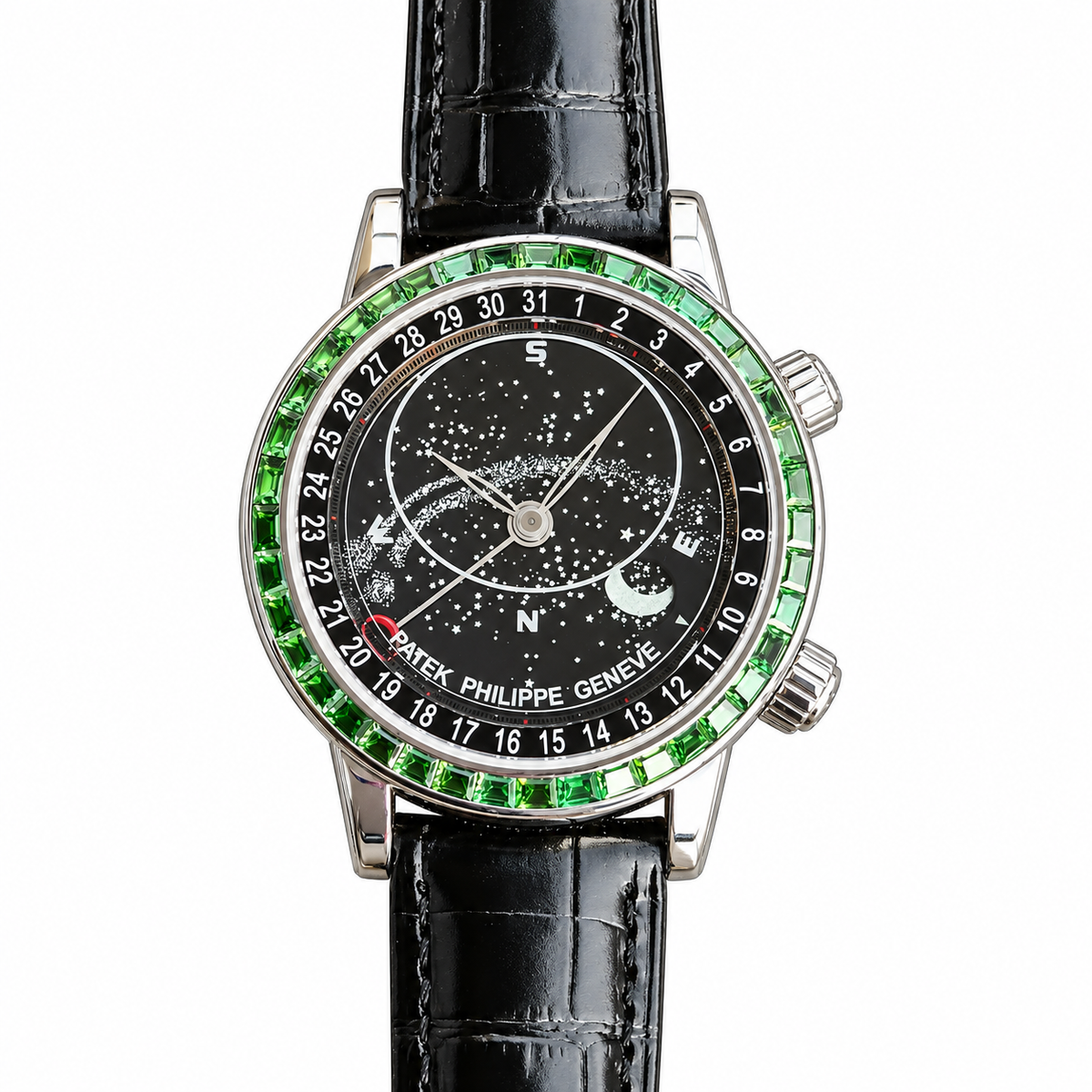 Patek Philippe White Gold Sky Moon Celestial Emerald Bezel Black Dial