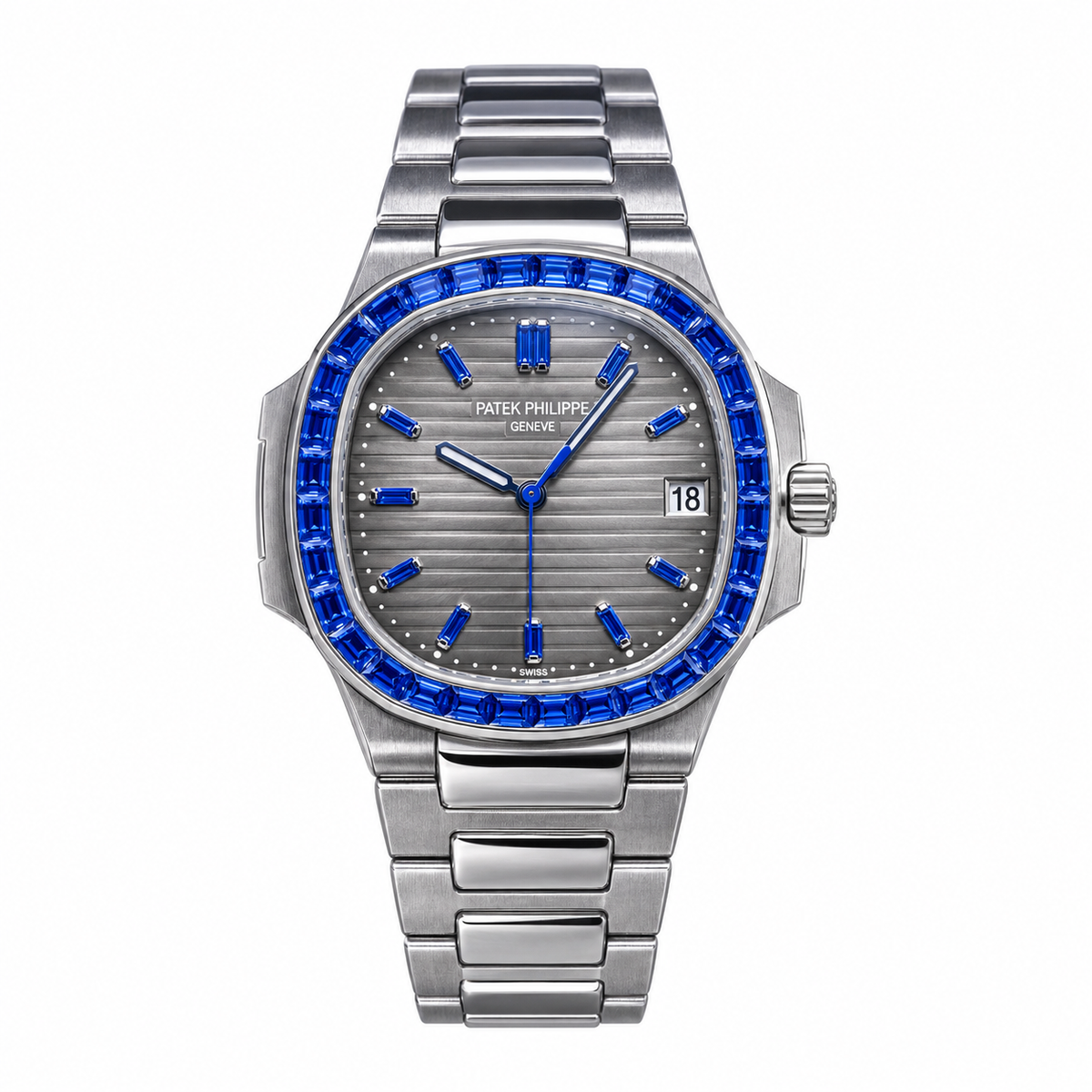 Patek Philippe Nautilus Steel Sapphire Baguette Bezel Grey Dial 35mm