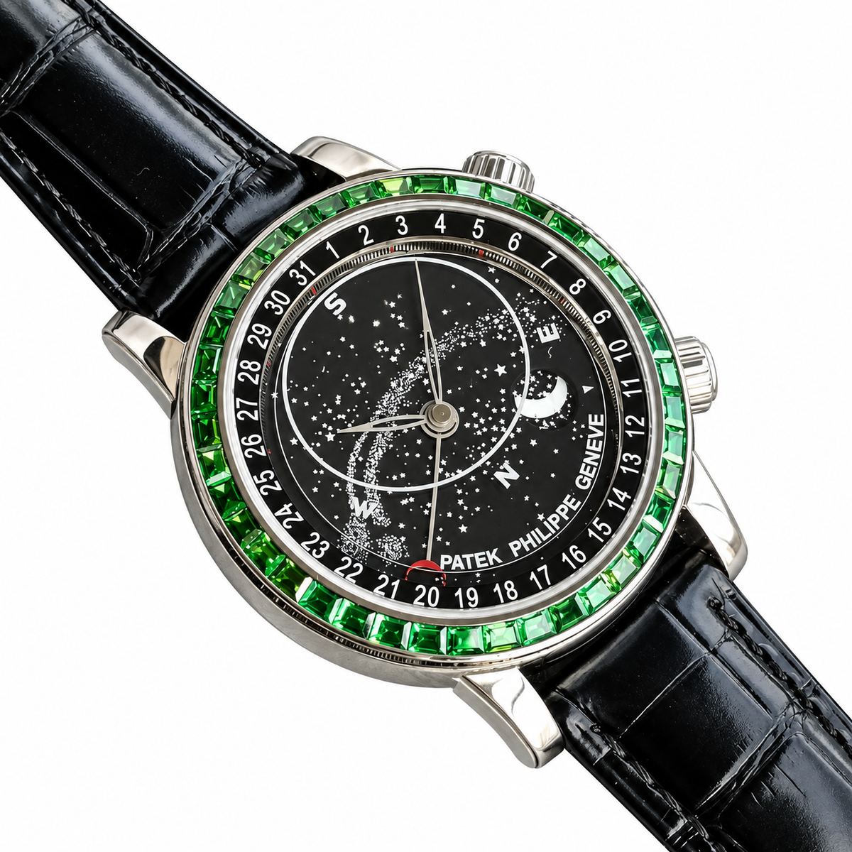 Patek Philippe White Gold Sky Moon Celestial Emerald Bezel Black Dial