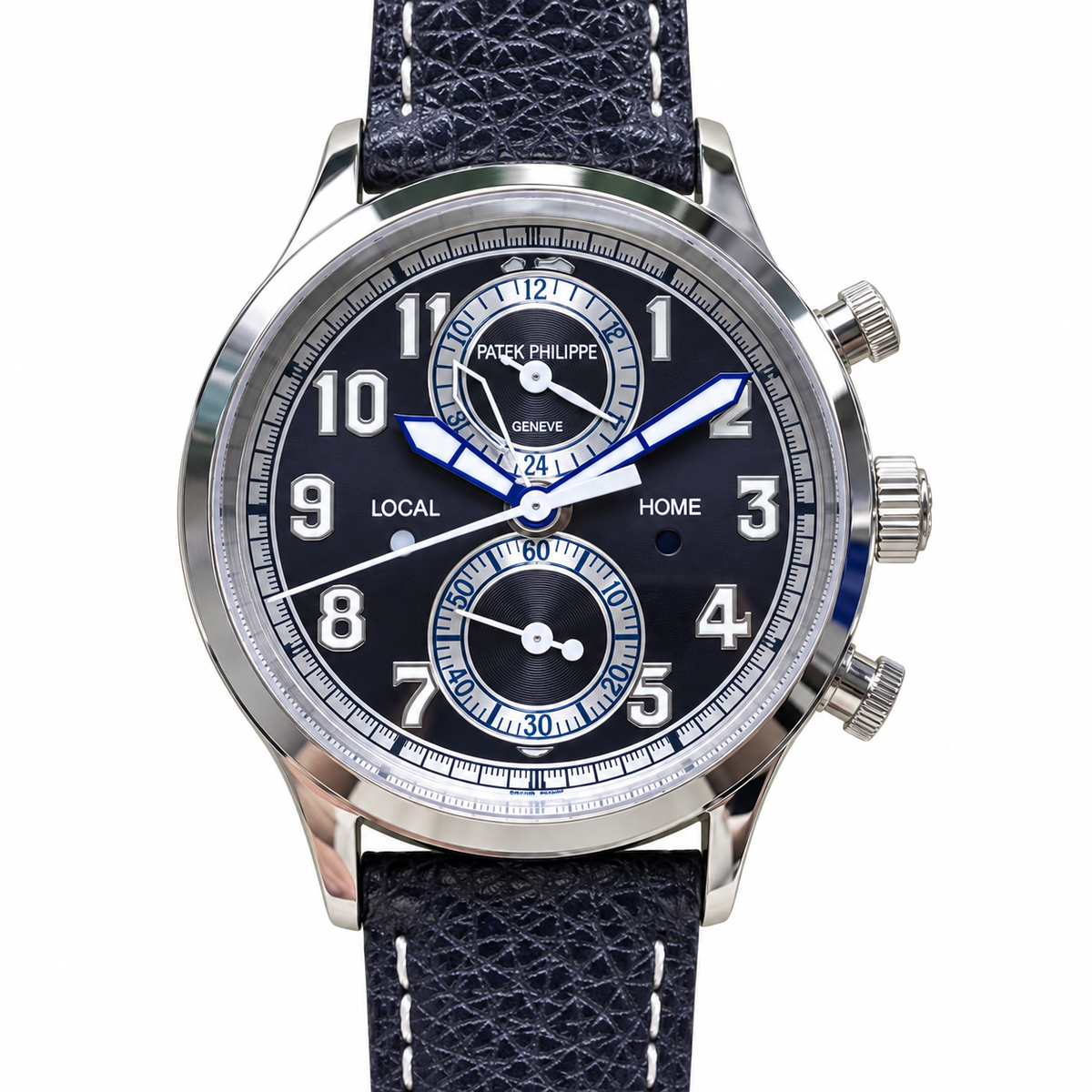 Patek Philippe Calatrava Pilot Travel Time 42mm White Gold Black Dial Slide Rule Bezel Dual Time Zone