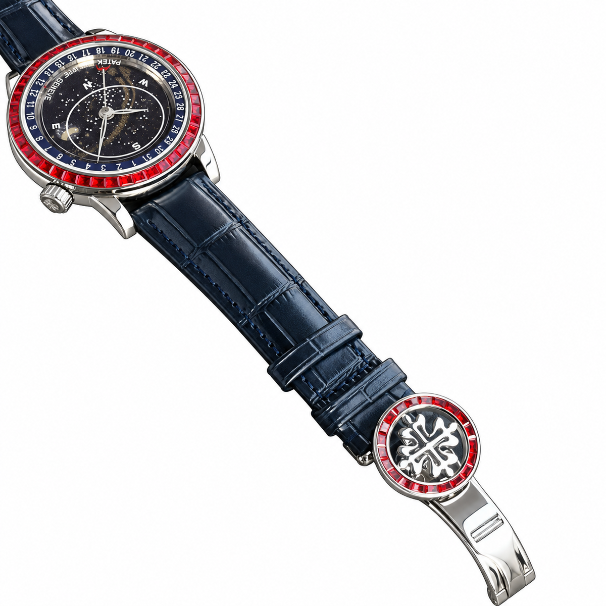 Patek Philippe White Gold Sky Moon Celestial Ruby Bezel Blue Dial