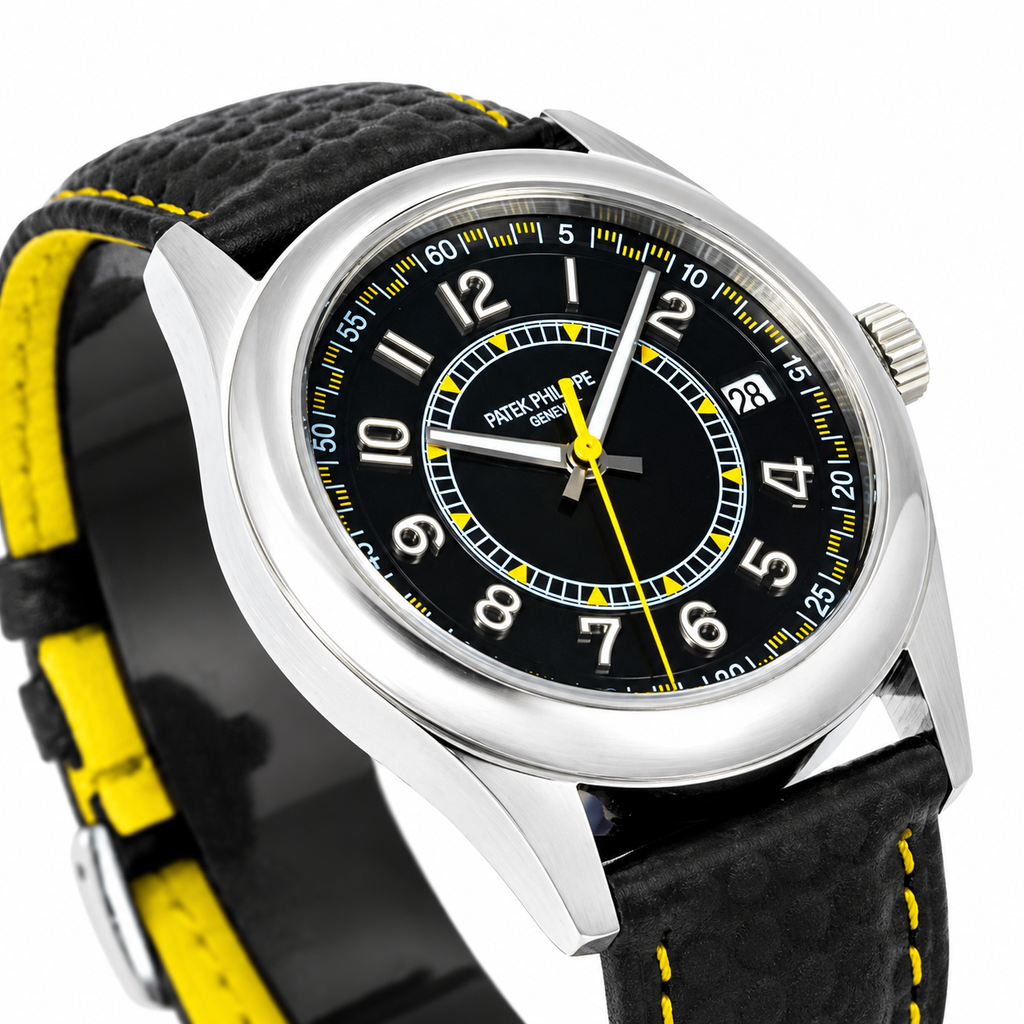 Patek Philippe Calatrava Date 40mm Steel Black Dial Yellow Accent Rubber Strap