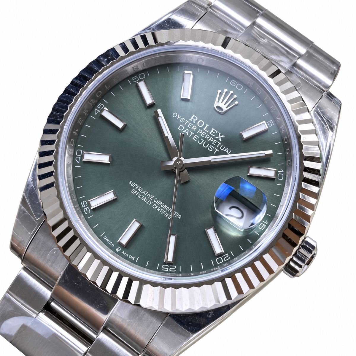 Rolex Steel Datejust Mint Green Fluted Bezel Watch