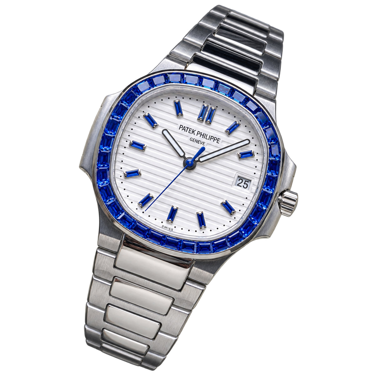 Patek Philippe Nautilus Steel Sapphire Baguette Bezel White Dial 35mm