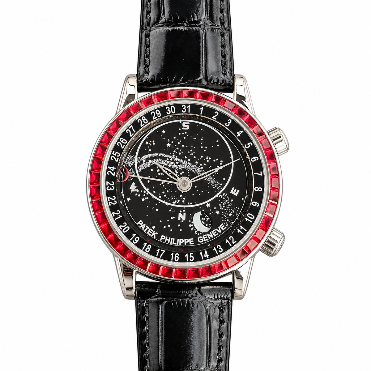 Patek Philippe White Gold Sky Moon Celestial Ruby Bezel Black Dial