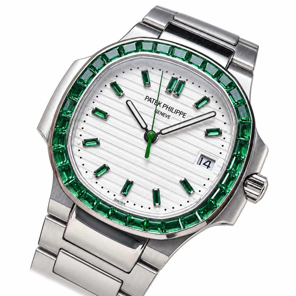 Patek Philippe Nautilus Steel Emerald Baguette Bezel White Dial 35mm