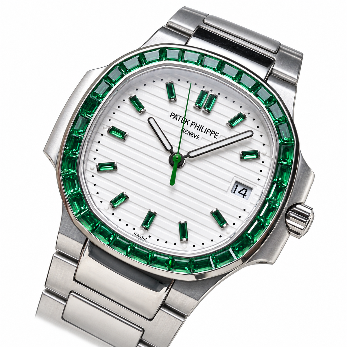 Patek Philippe Nautilus Steel Emerald Baguette Bezel White Dial 35mm