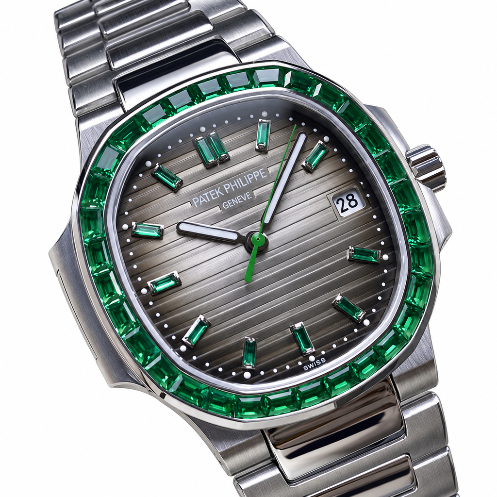 Patek Philippe Nautilus Steel Emerald Baguette Bezel Grey Dial 35mm