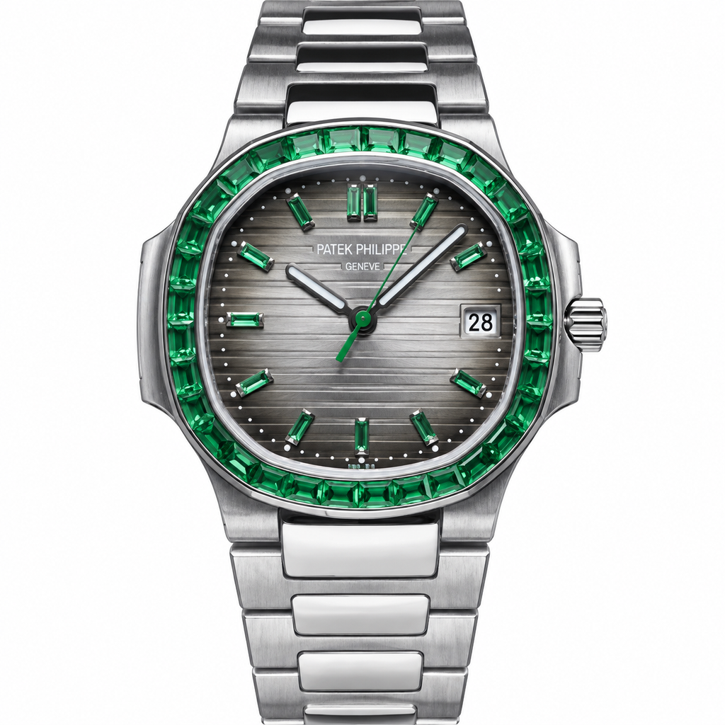 Patek Philippe Nautilus Steel Emerald Baguette Bezel Grey Dial 35mm