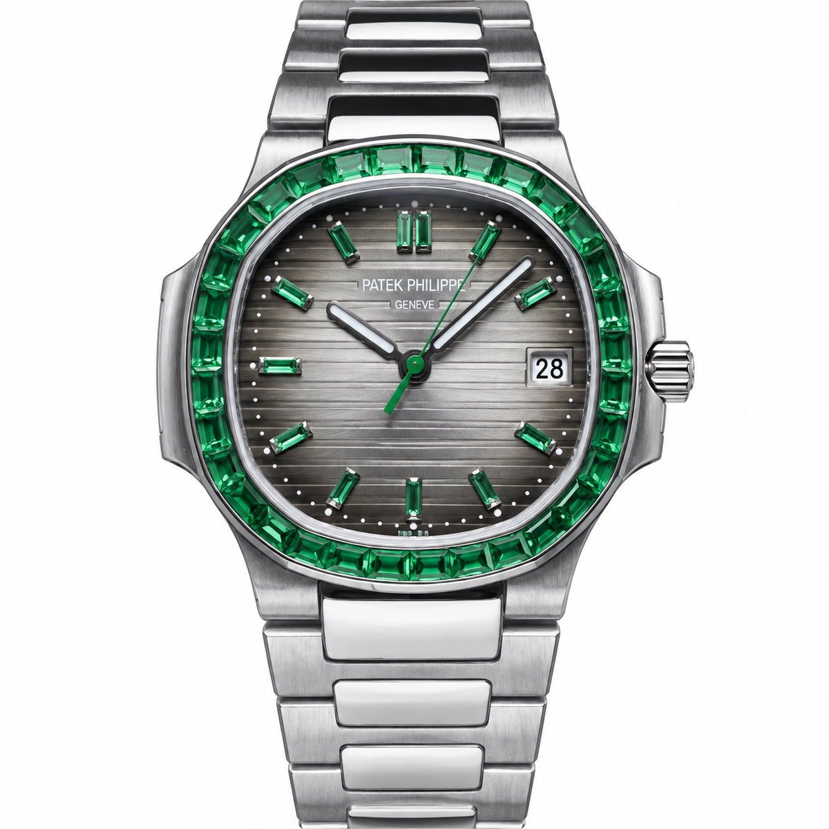 Patek Philippe Nautilus Steel Emerald Baguette Bezel Grey Dial 35mm