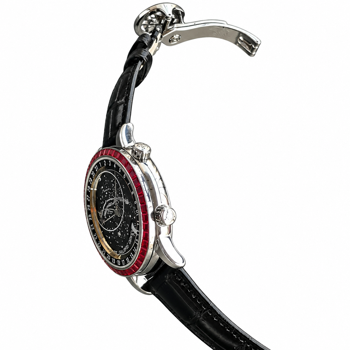 Patek Philippe White Gold Sky Moon Celestial Ruby Bezel Black Dial