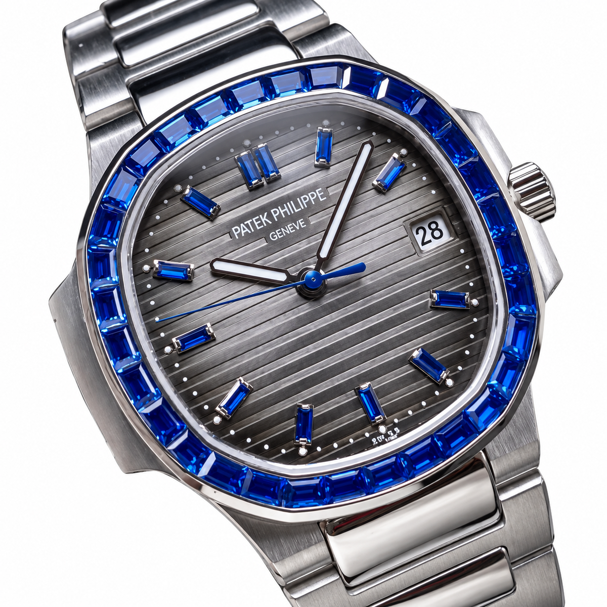 Patek Philippe Nautilus Steel Sapphire Baguette Bezel Grey Dial 35mm