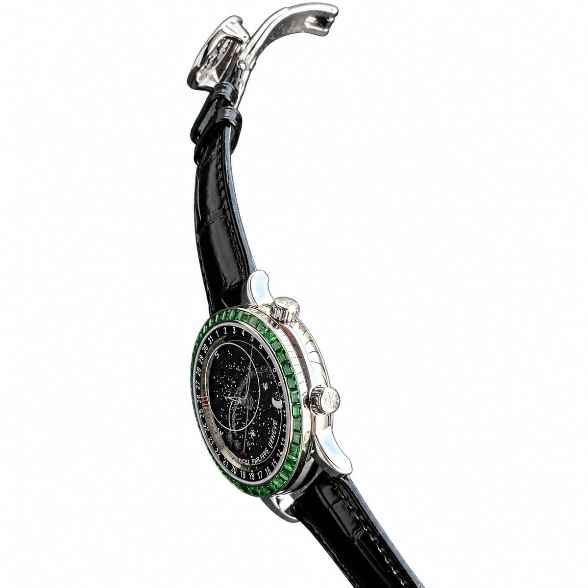 Patek Philippe White Gold Sky Moon Celestial Emerald Bezel Black Dial