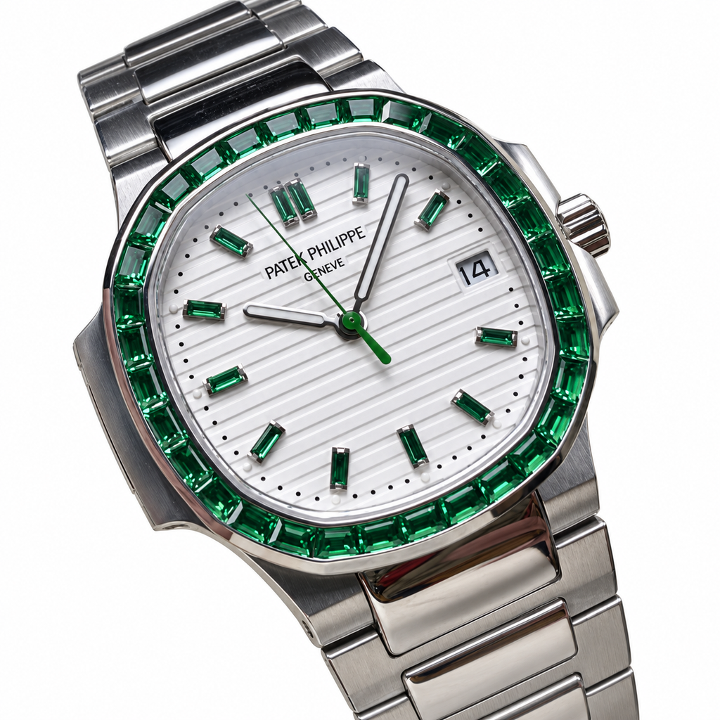 Patek Philippe Nautilus Steel Emerald Baguette Bezel White Dial 35mm