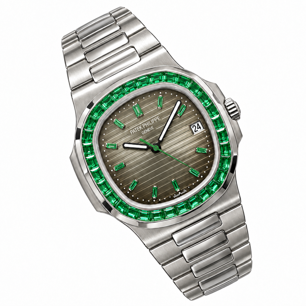 Patek Philippe Nautilus Steel Emerald Baguette Bezel Grey Dial 40mm