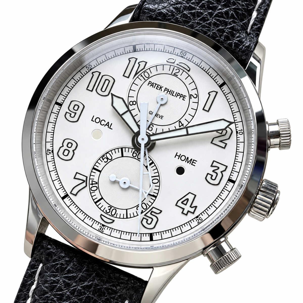 Patek Philippe Calatrava Pilot Travel Time 42mm Steel White Dial Slide Rule Bezel Dual Time Zone