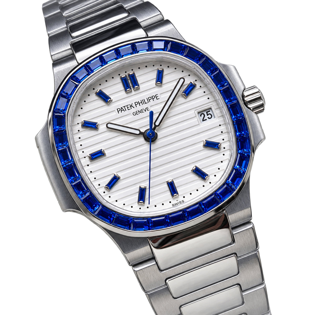 Patek Philippe Nautilus Steel Sapphire Baguette Bezel White Dial 35mm