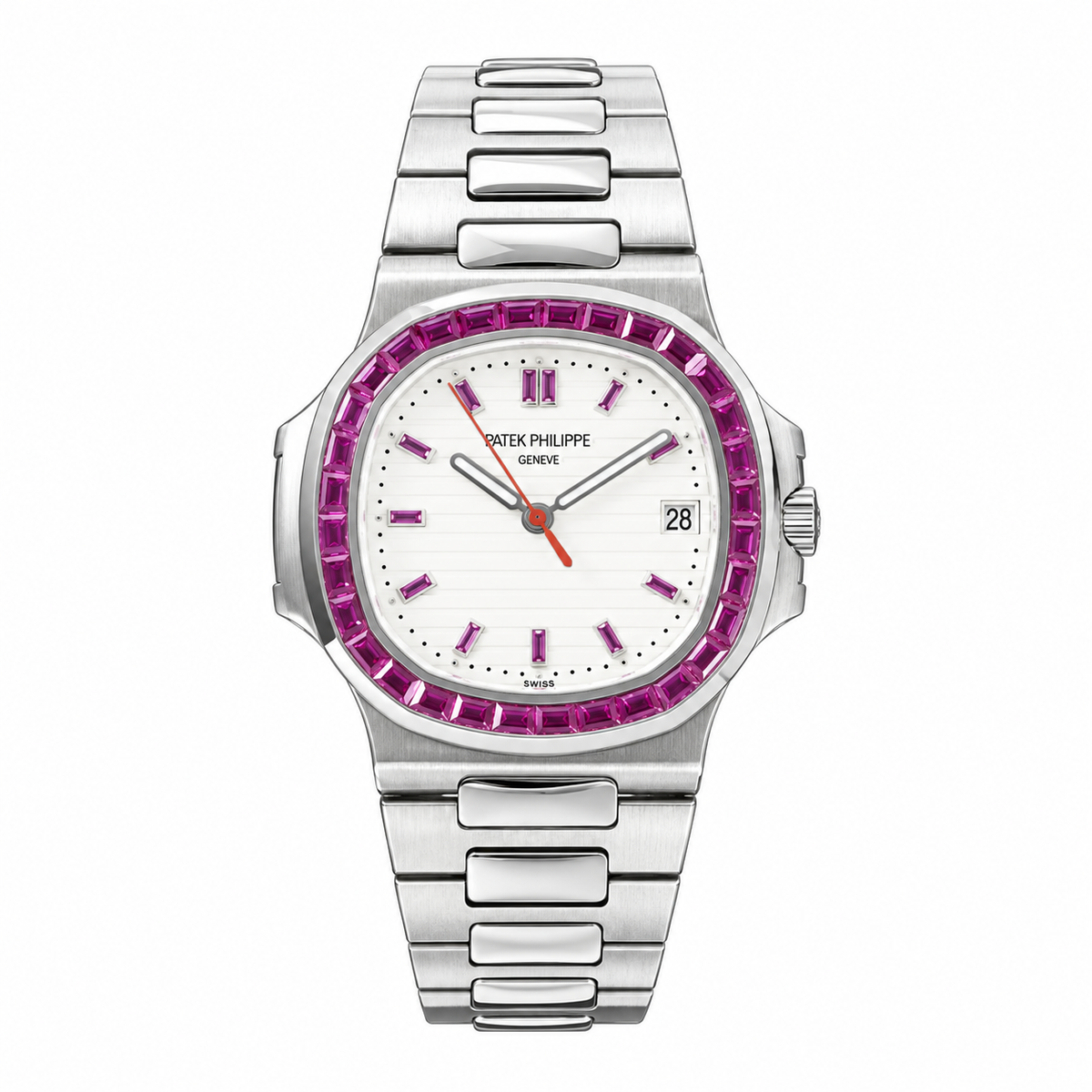 Patek Philippe Nautilus Steel Pink Sapphire Baguette Bezel White MOP Dial 40mm
