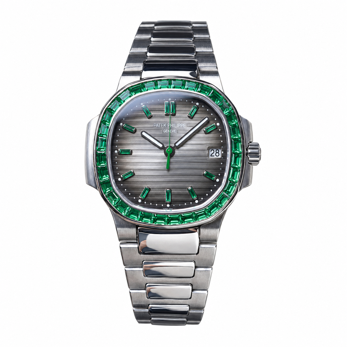Patek Philippe Nautilus Steel Emerald Baguette Bezel Grey Dial 35mm