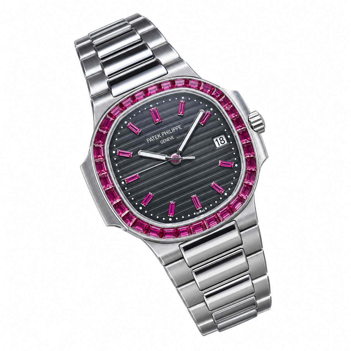 Patek Philippe Nautilus Steel Ruby Baguette Bezel Black Dial 35mm