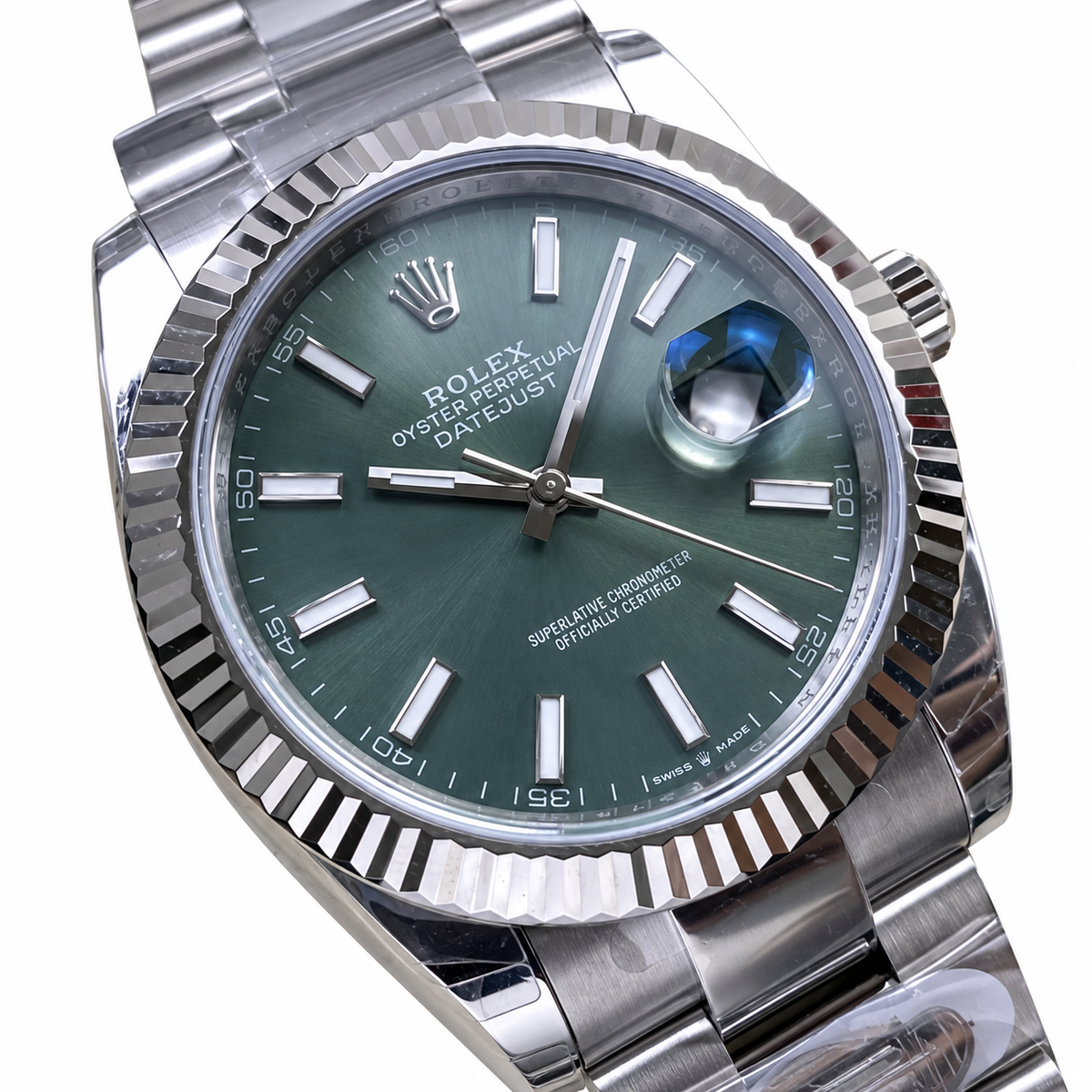 Rolex Steel Datejust Mint Green Fluted Bezel Watch