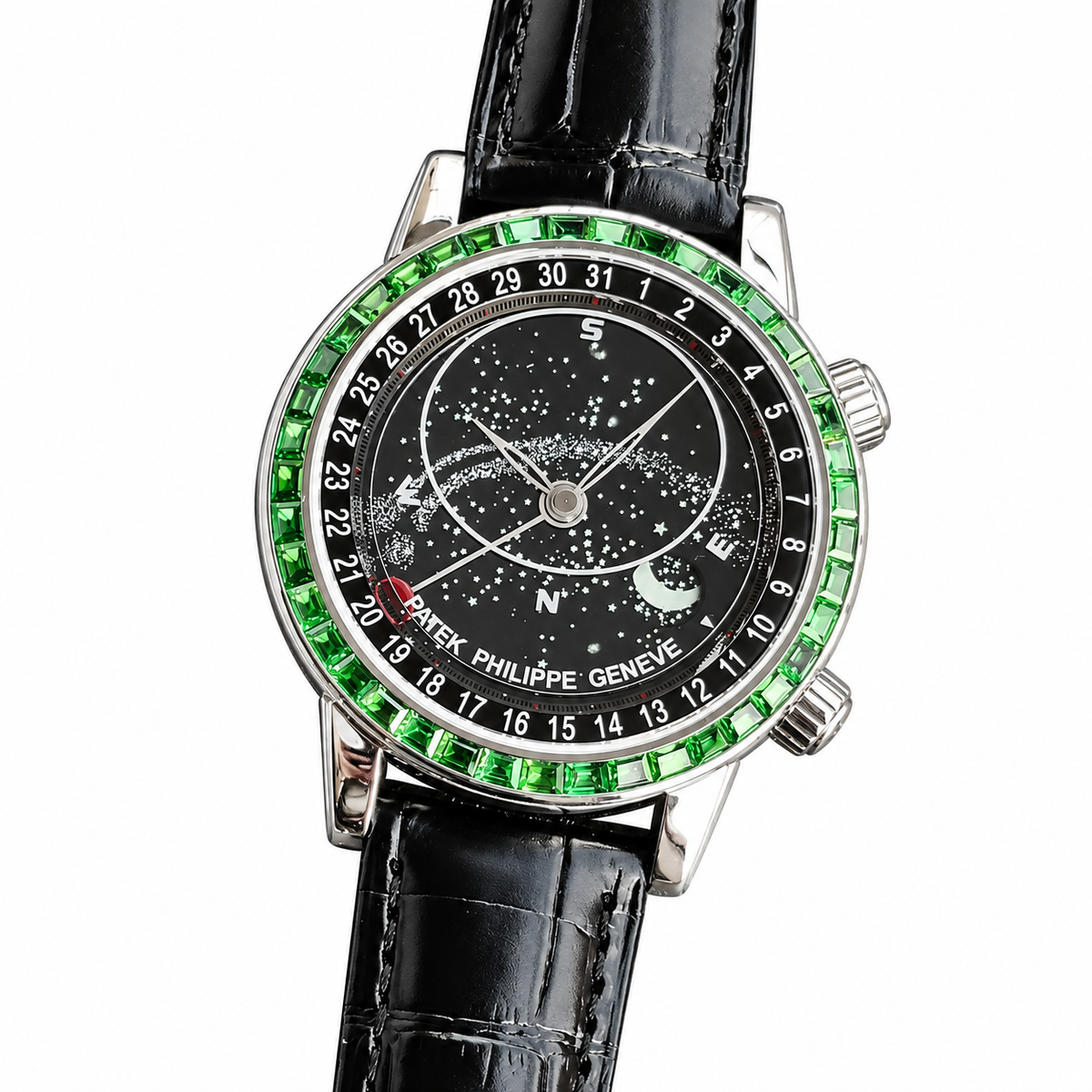 Patek Philippe White Gold Sky Moon Celestial Emerald Bezel Black Dial